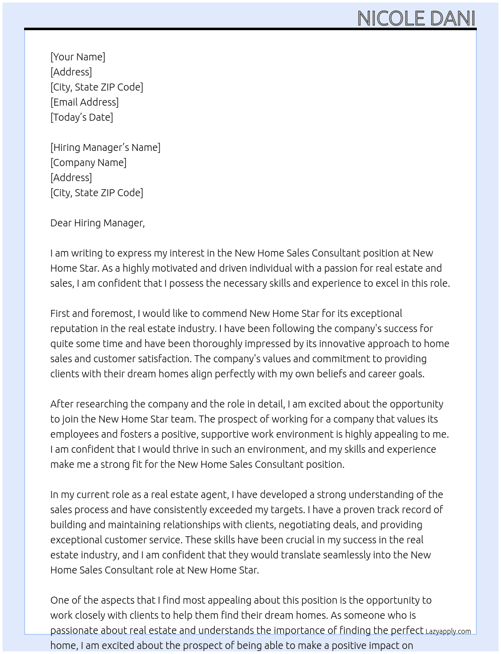 New home sales consultant  At New home star Cover Letter