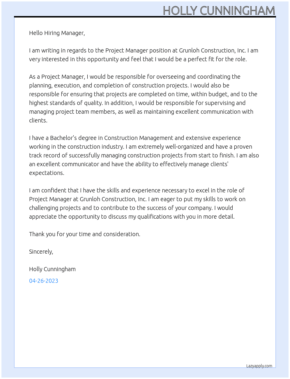 project manager At Grunloh Construction, Inc. Cover Letter