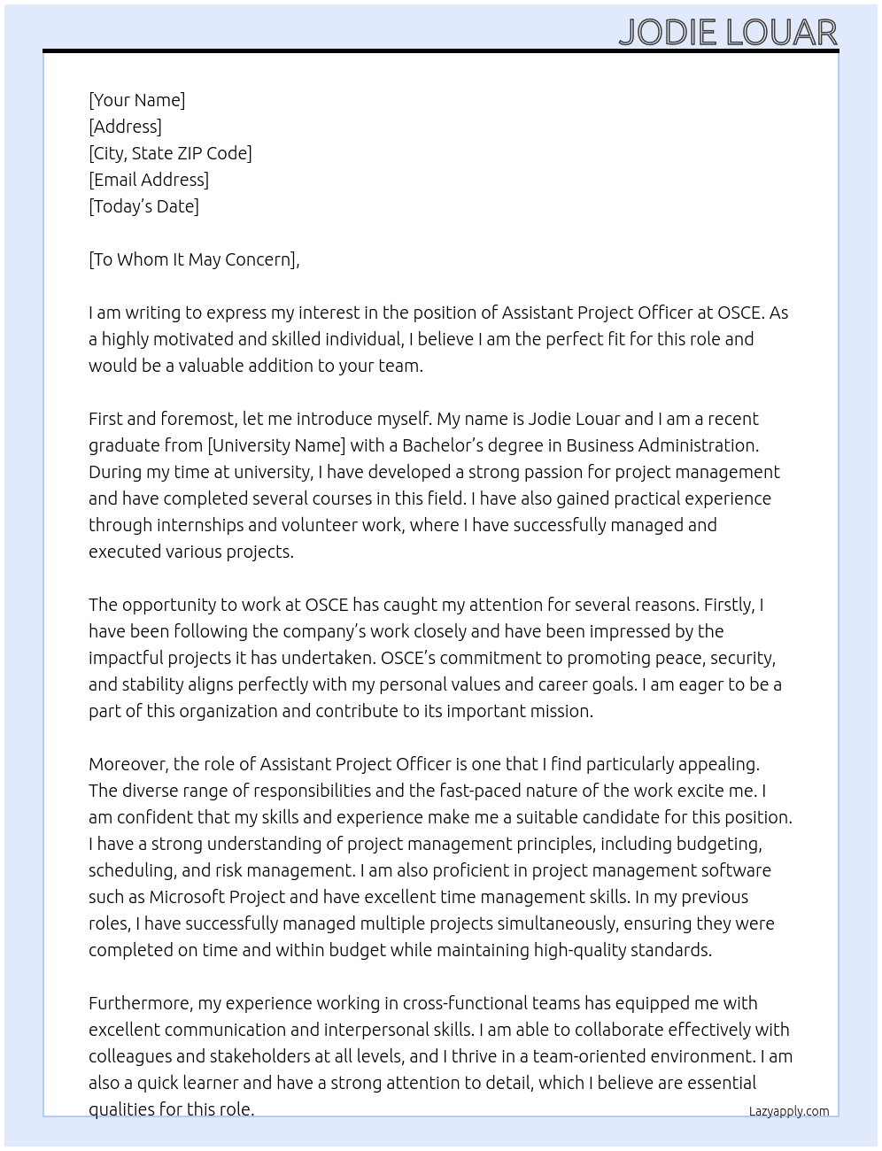 Assistant Project Officer At OSCE Cover Letter