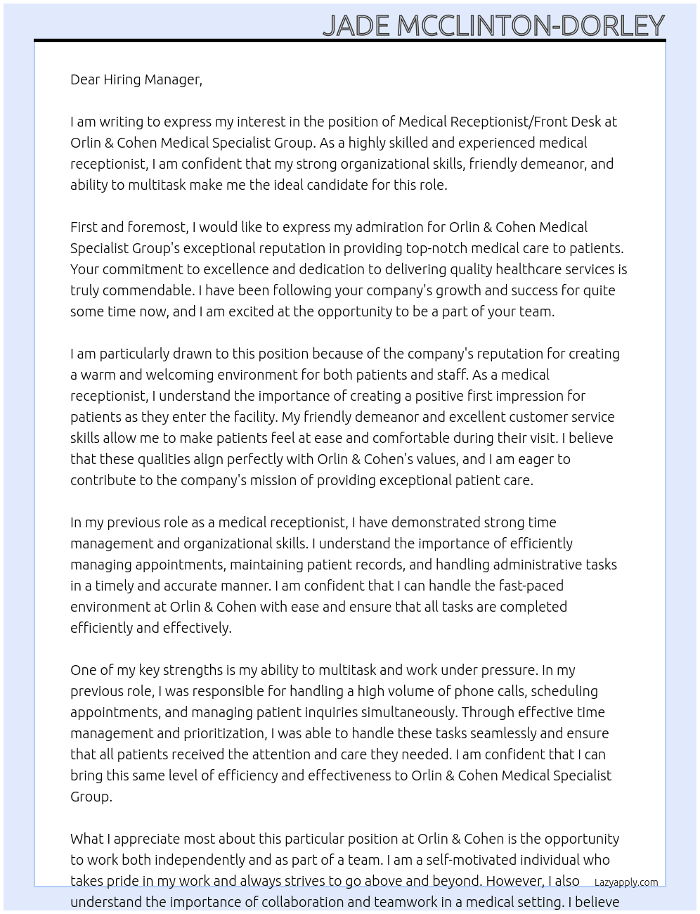 Medical Receptionist/Front Desk At Orlin & Cohen Medical Specialist Group Cover Letter