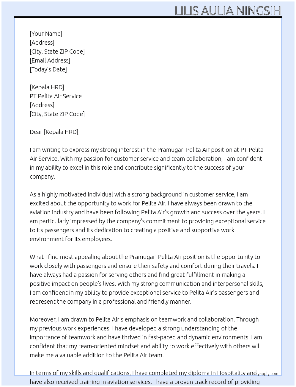 Pramugari pelita air At Pelita air Cover Letter