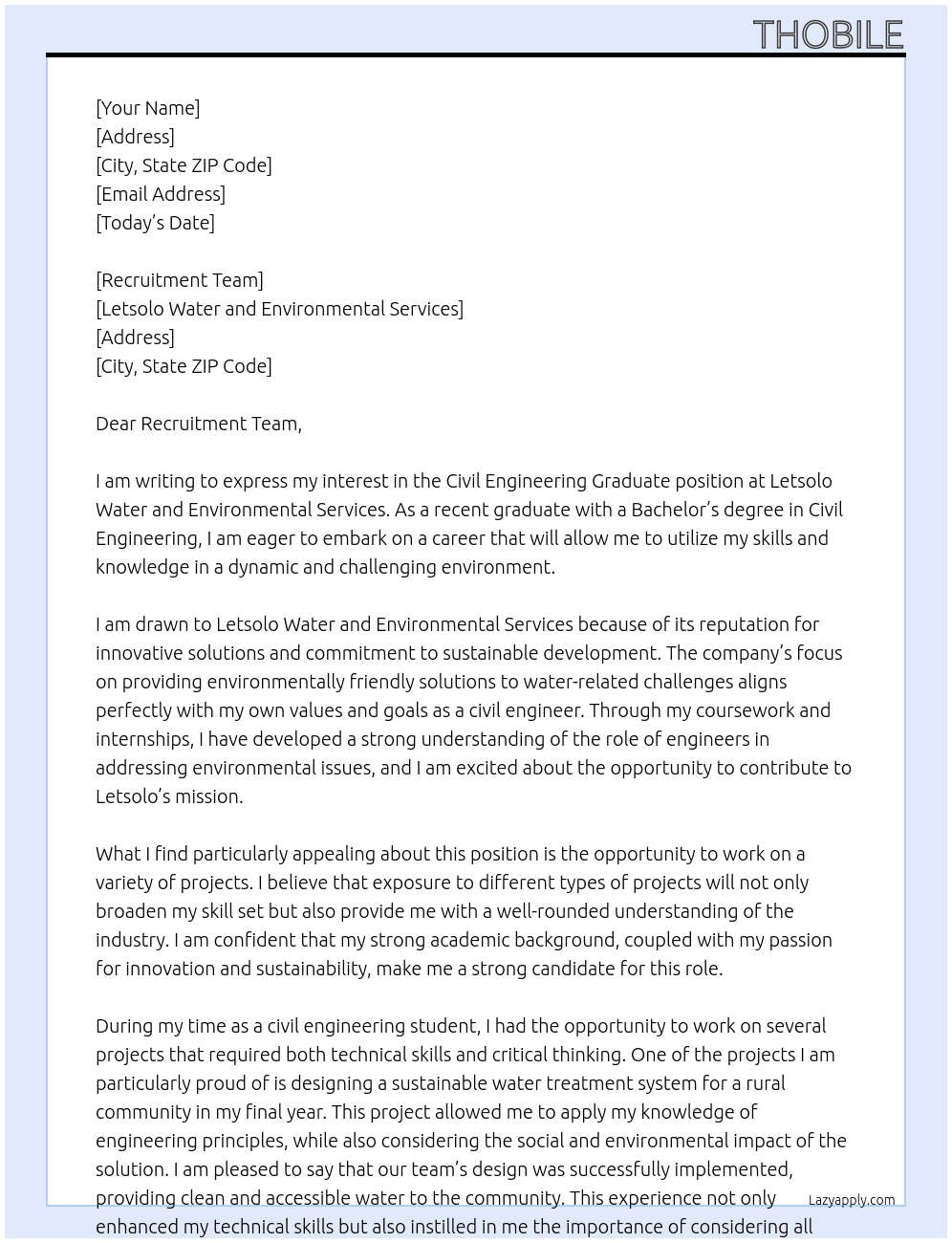 Civil Engineering Graduate At Letsolo Water and Environmental Services Cover Letter