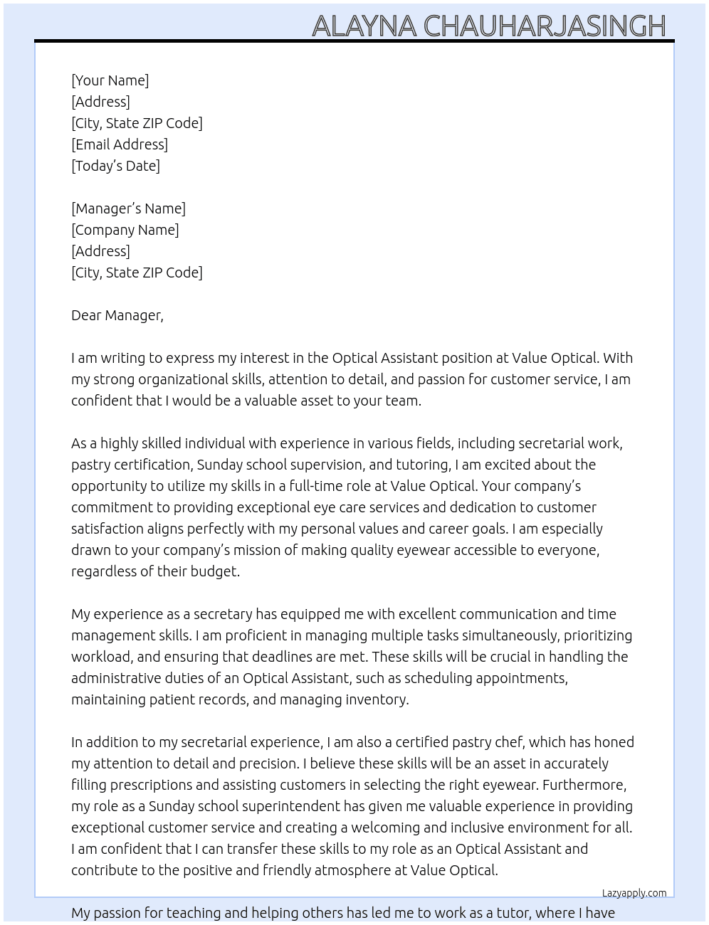 Optical assistant  At Value Optical  Cover Letter