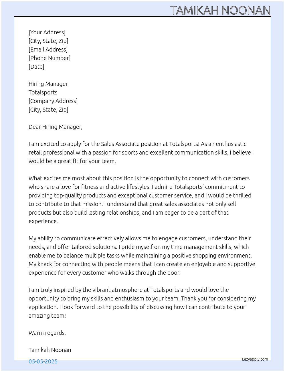 Sales Associate At Totalsports Cover Letter