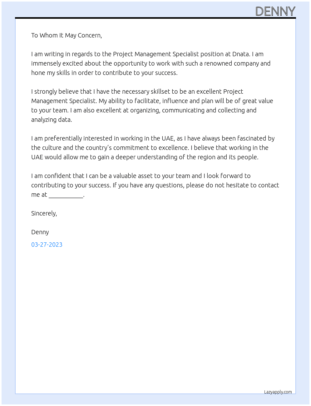 Project Management Specialist At Dnata Cover Letter