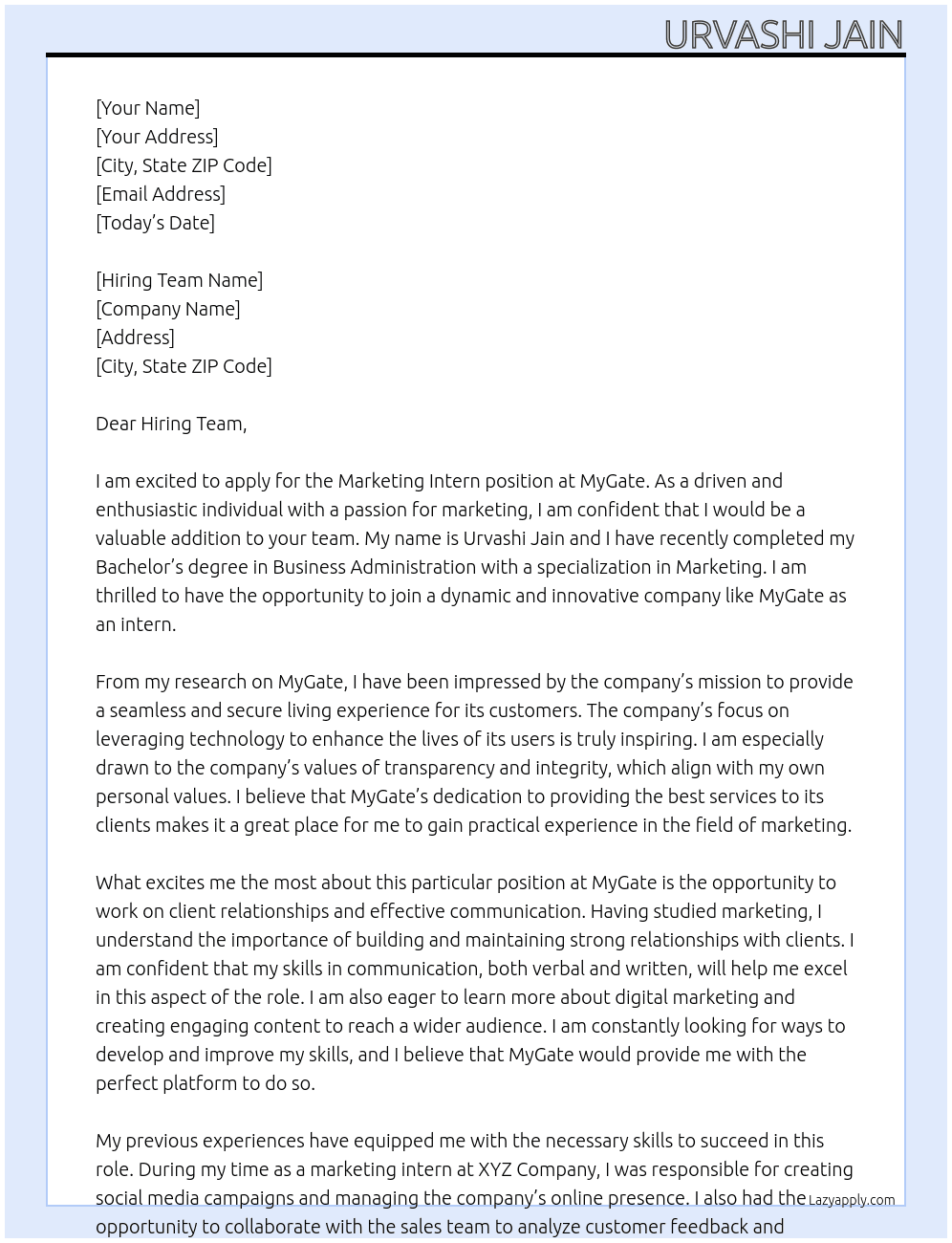 Marketing Intern At MyGate Cover Letter