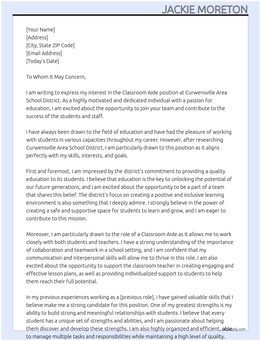 Classroom Aide At Curwensville Area School District  Cover Letter