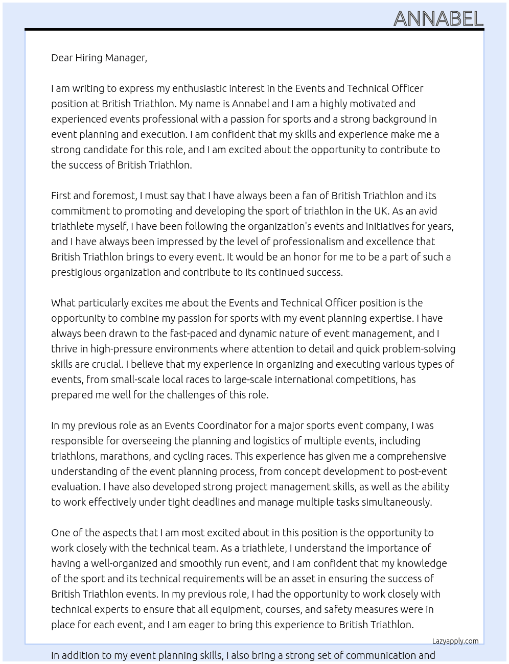 Events and Technical Officer At British Triathlon Cover Letter
