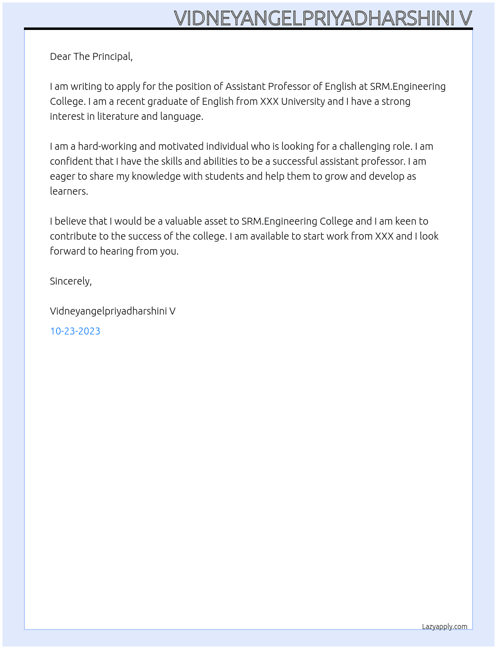 Assistant Professor of English  At SRM.Engineering College  Cover Letter