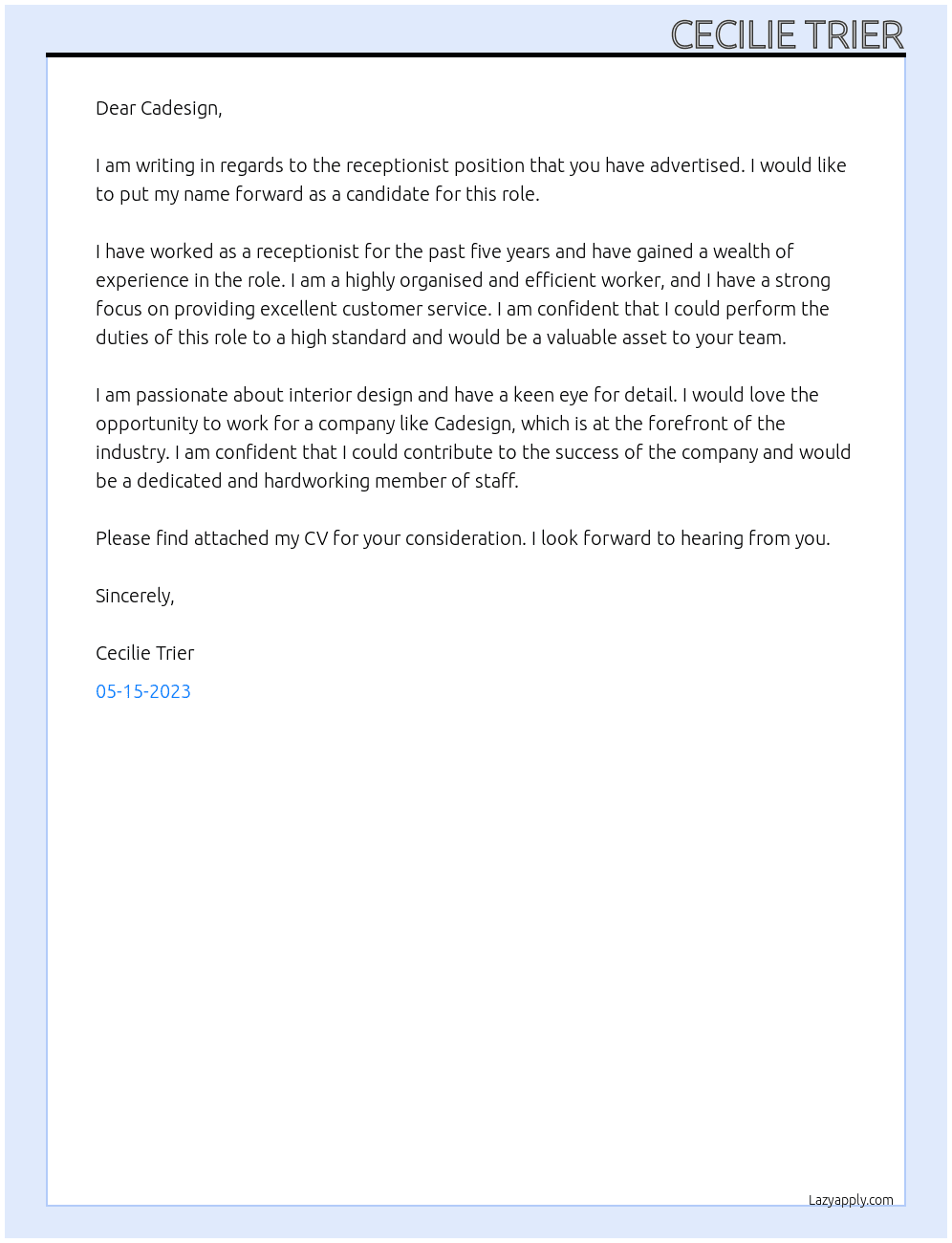 receptionist At Cadesign Cover Letter