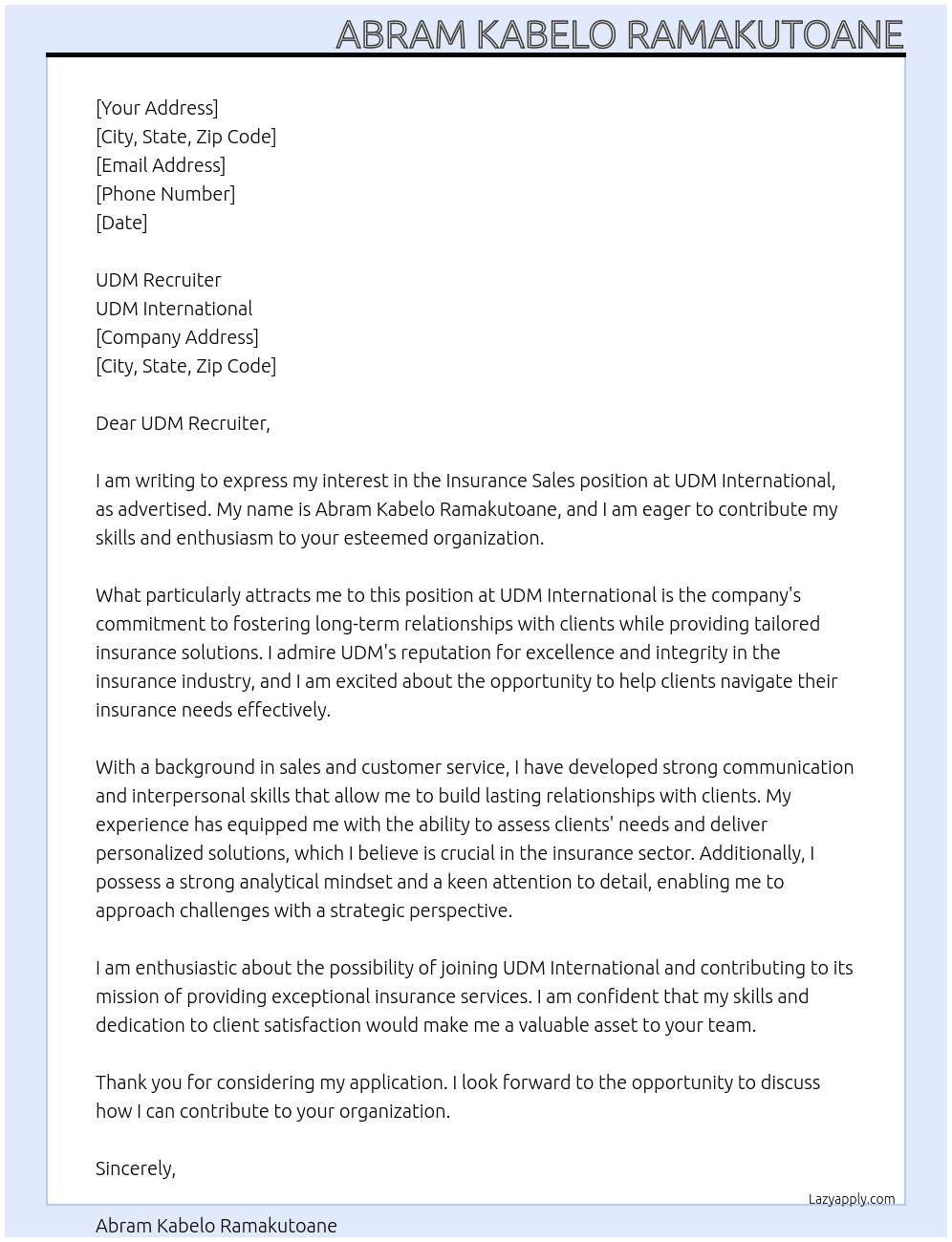Cover letter for insurance sales - LazyApply