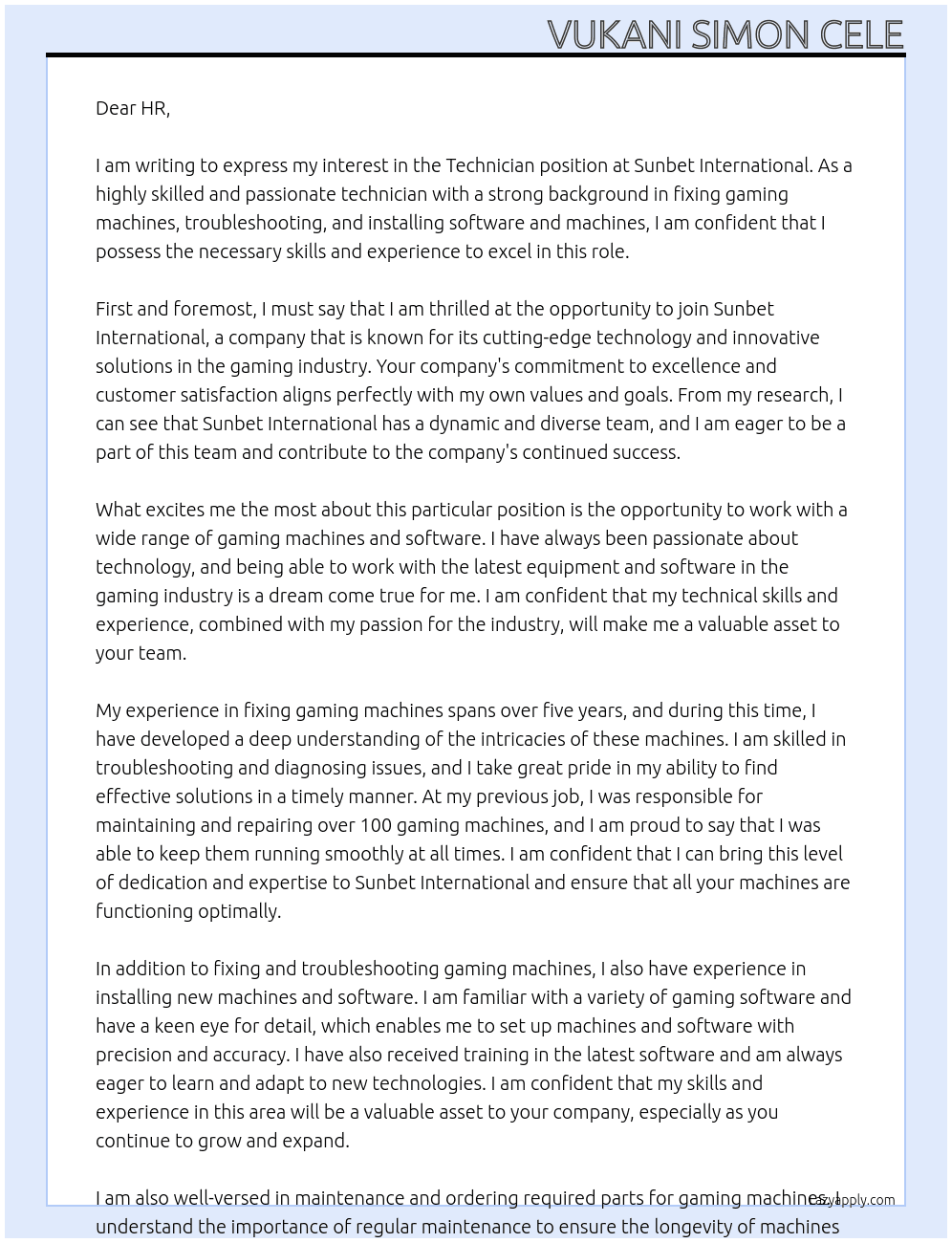 Technician  At Sunbet international  Cover Letter