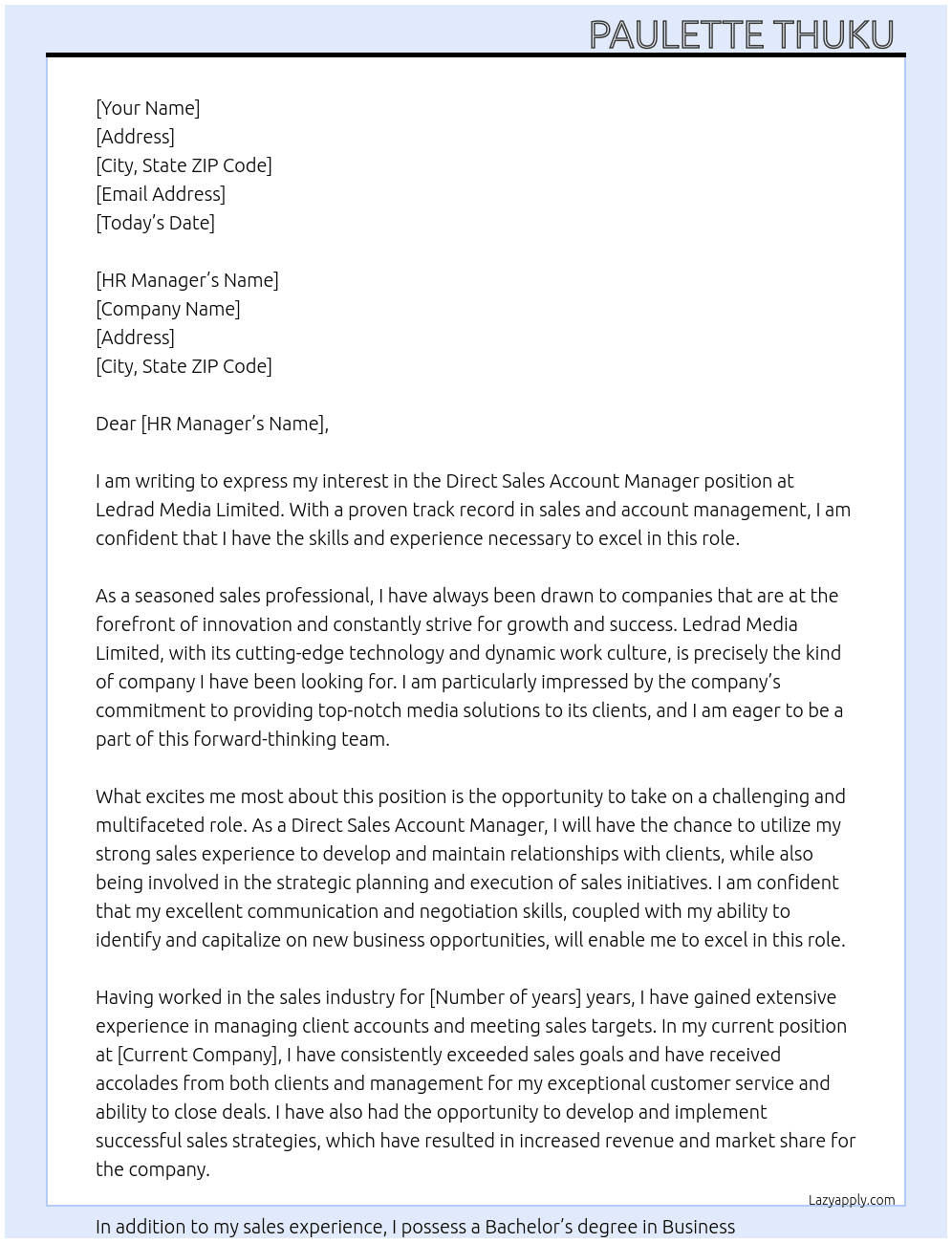 Direct sales account manager At Ledrad Media Limited  Cover Letter