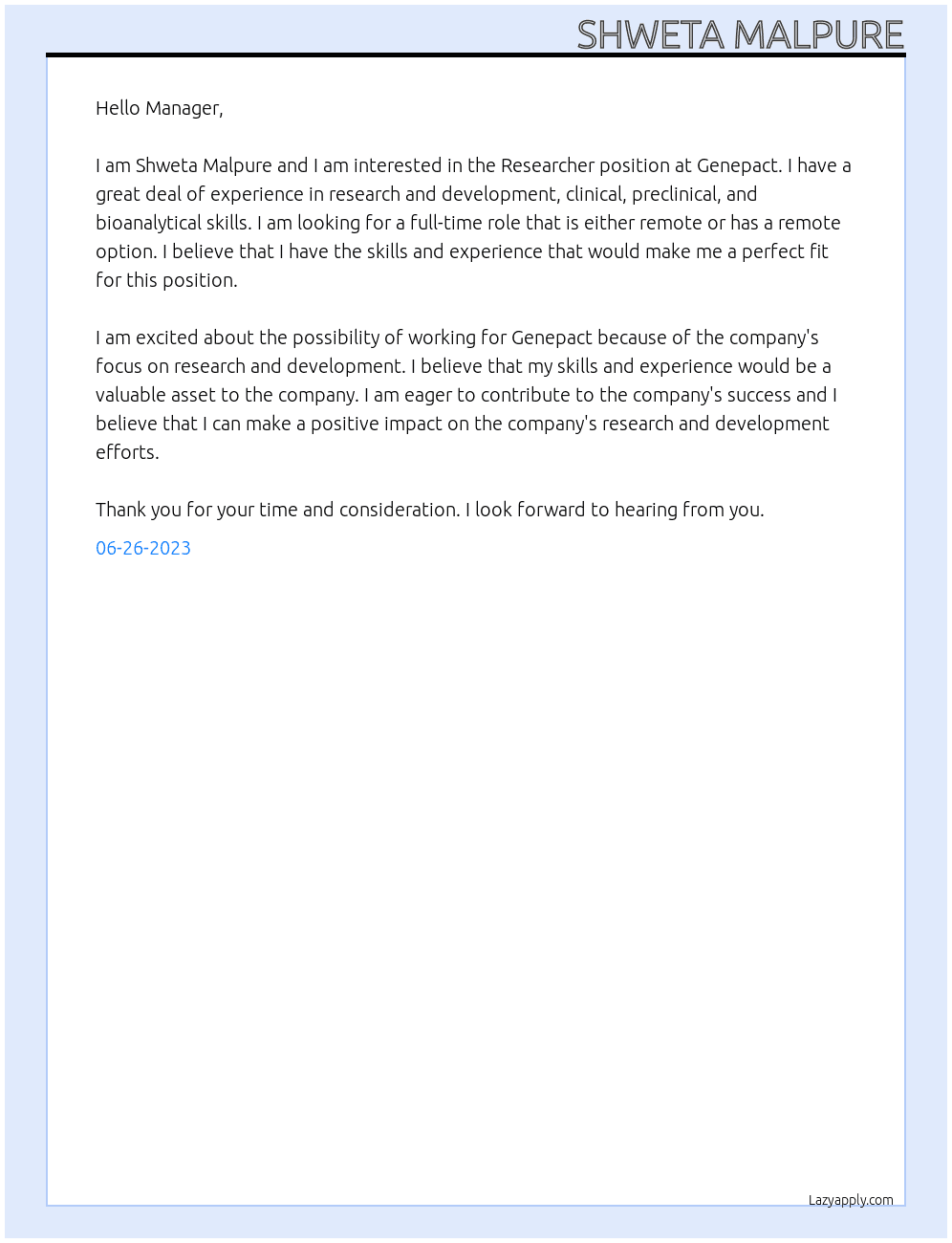 Researcher At Genepact Cover Letter