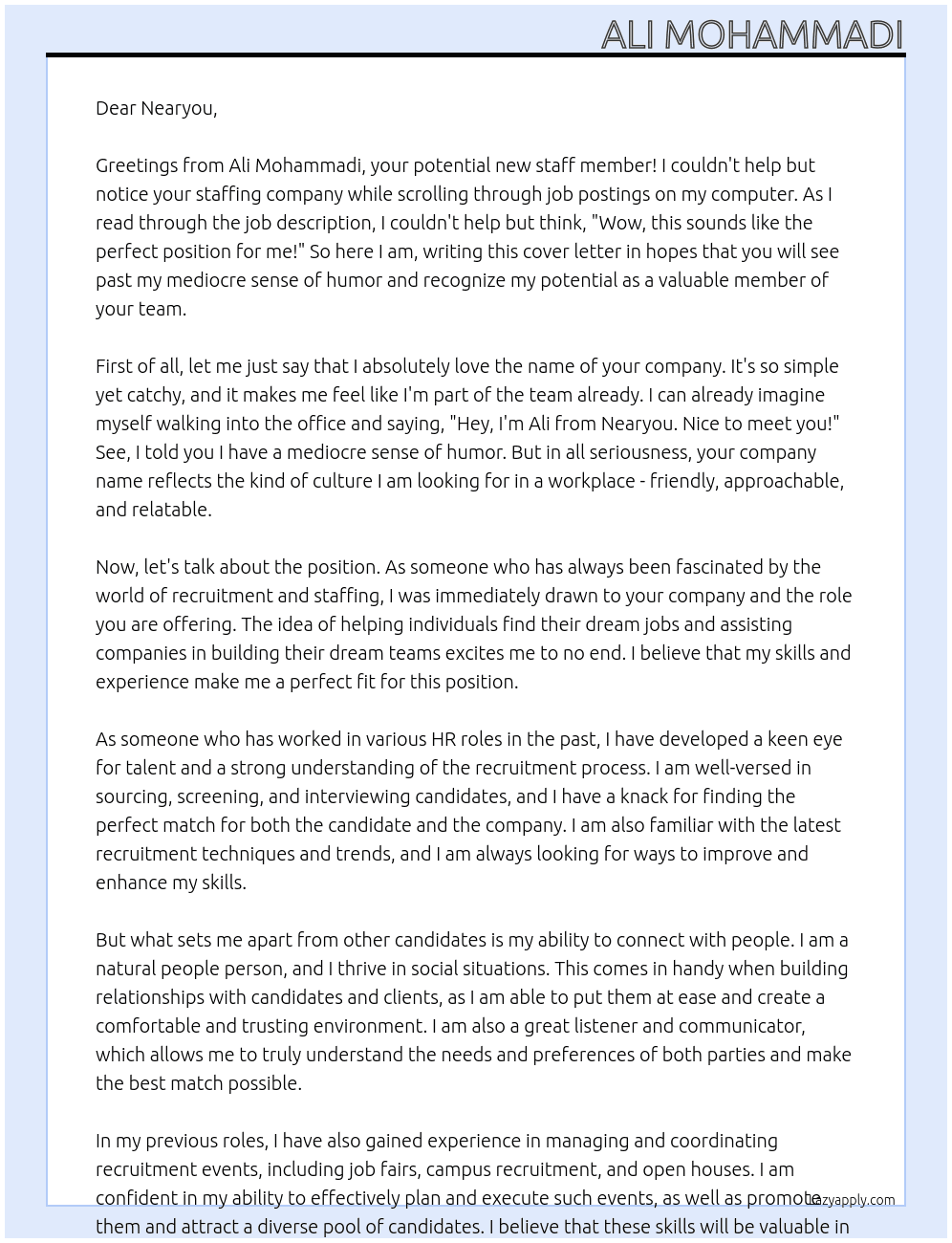 staffing company At Nearyou Cover Letter