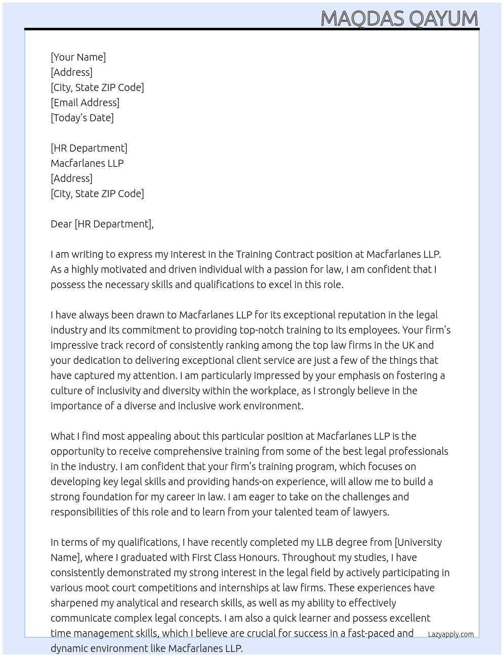 Training Contract At Macfarlanes LLP Cover Letter