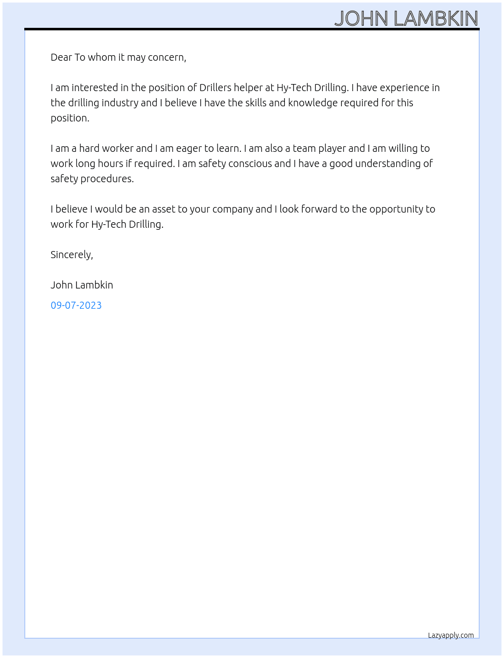 Drillers helper At Hy-Tech Drilling Cover Letter