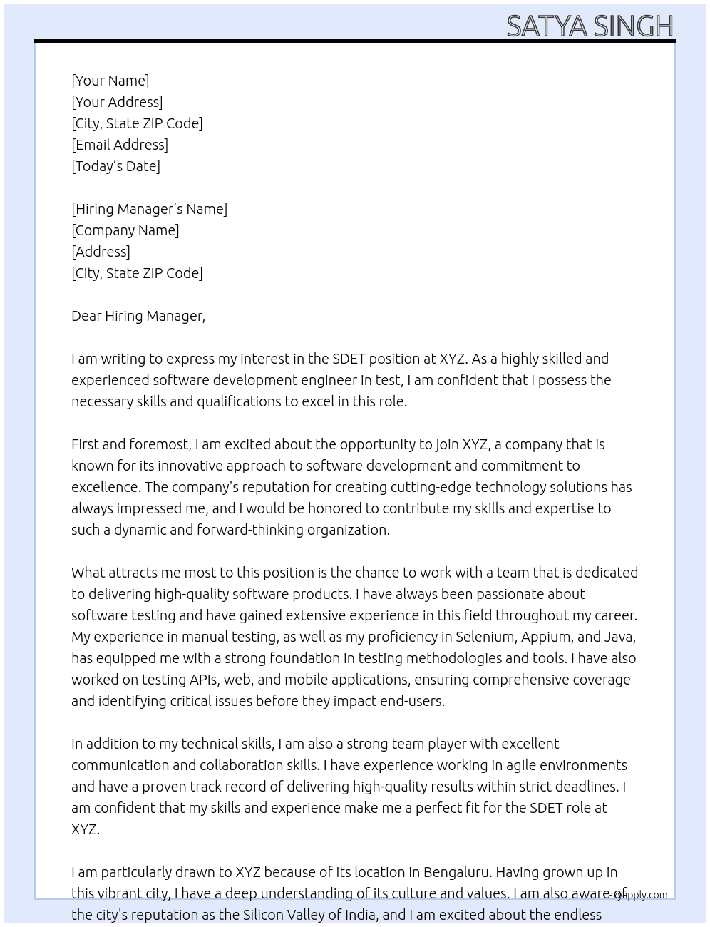 sdet At xyz Cover Letter
