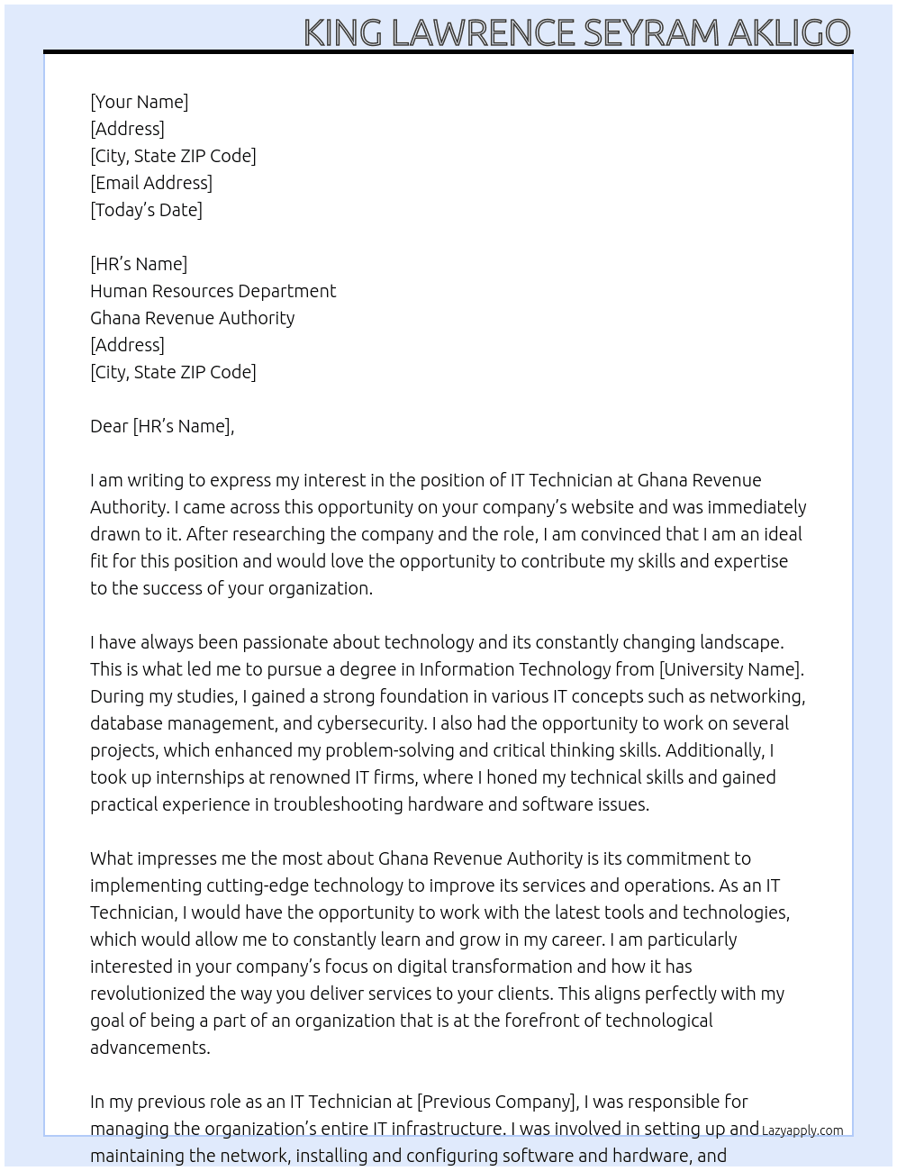 IT Technician At Ghana Revenue Authority Cover Letter