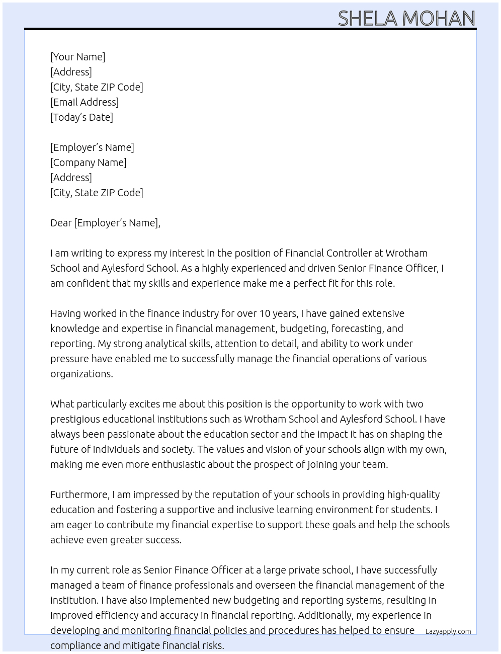 fianancial controller At Wrotham School and Aylesford School  Cover Letter