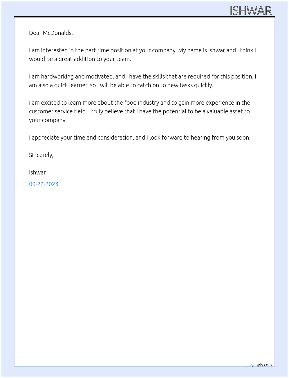 part time  At McDonalds  Cover Letter