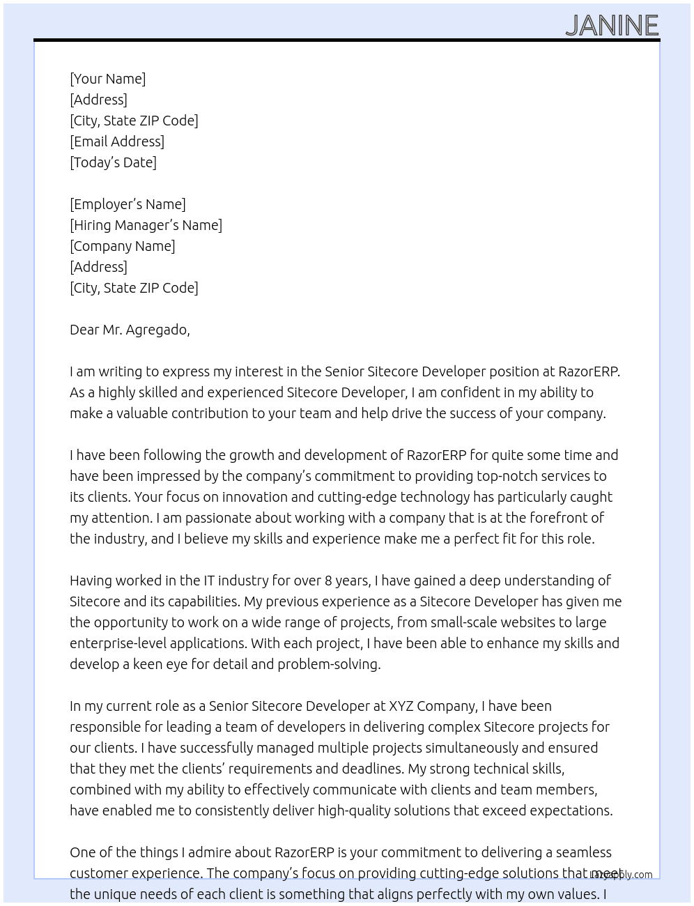 Senior Sitecore Developer At RazorERP Cover Letter