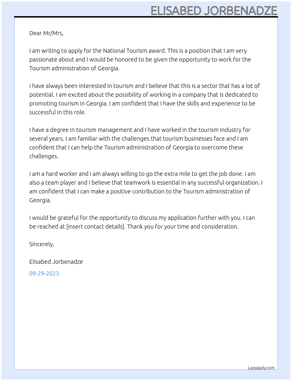 National Tourism award At Tourism administration of Georgia  Cover Letter