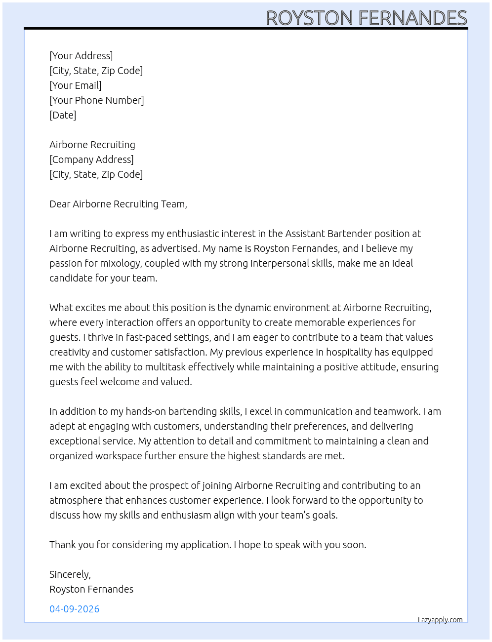 assistant bartender At airborne recruiting Cover Letter