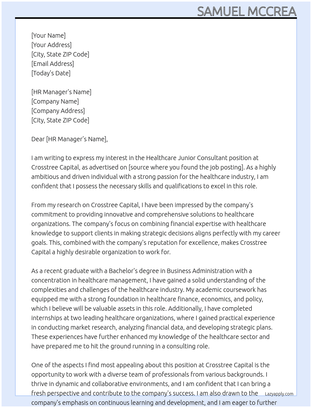 Healthcare Junior Consultant At Crosstree Capital Cover Letter