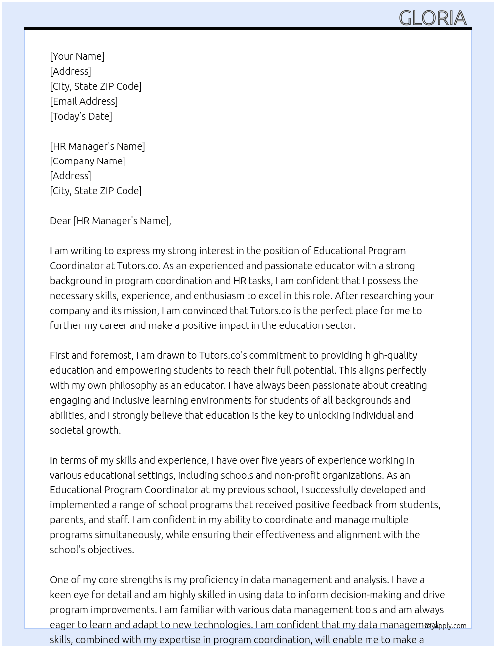 Educational program coordinator  At Tutors.co Cover Letter