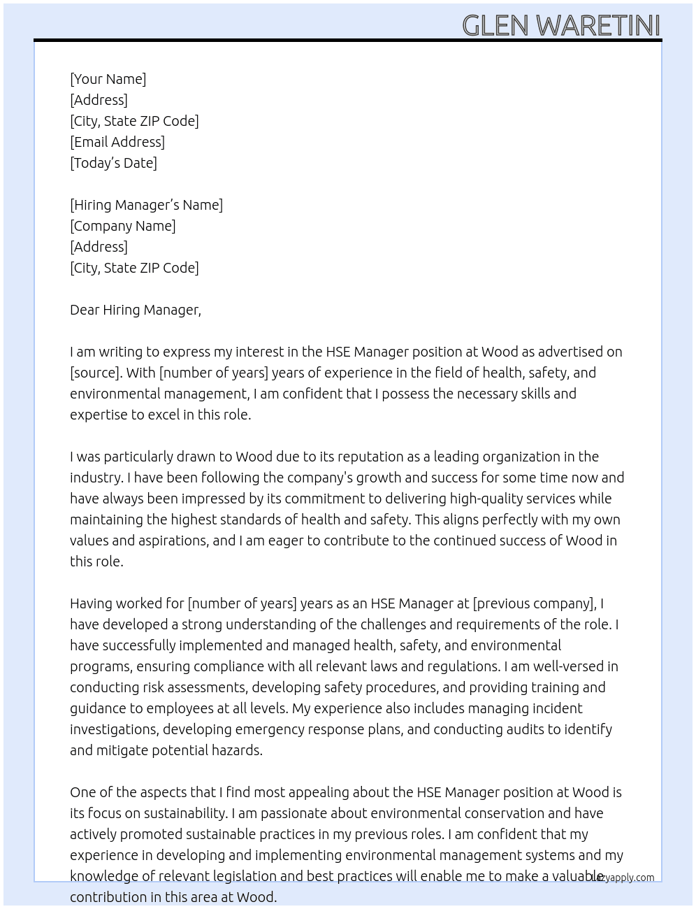 HSE Manager At Wood Cover Letter