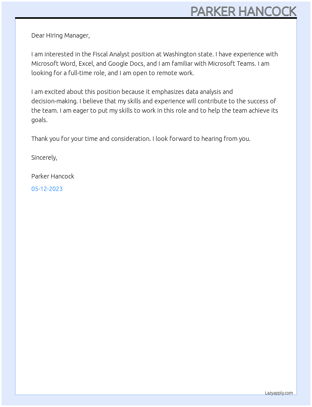 Fiscal Analyst At Washington state Cover Letter