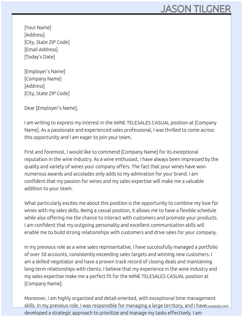 WINE TELESALES CASUAL At WINE TELESALES CASUAL Cover Letter