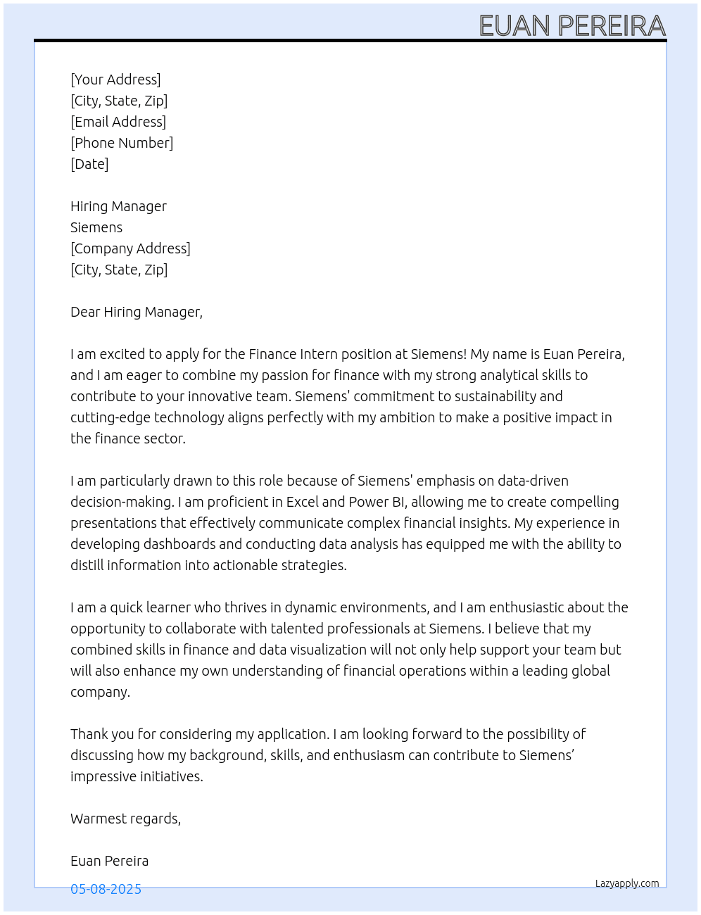 Finance Intern At Siemens Cover Letter