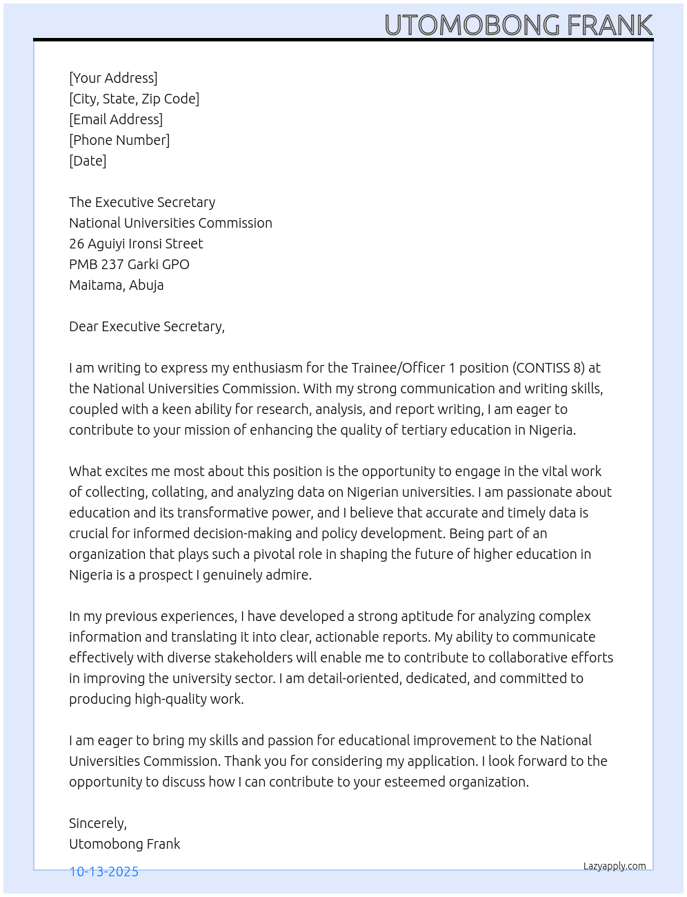 Trainee/Officer 1 (CONTISS 8) At National Universities Commission Cover Letter