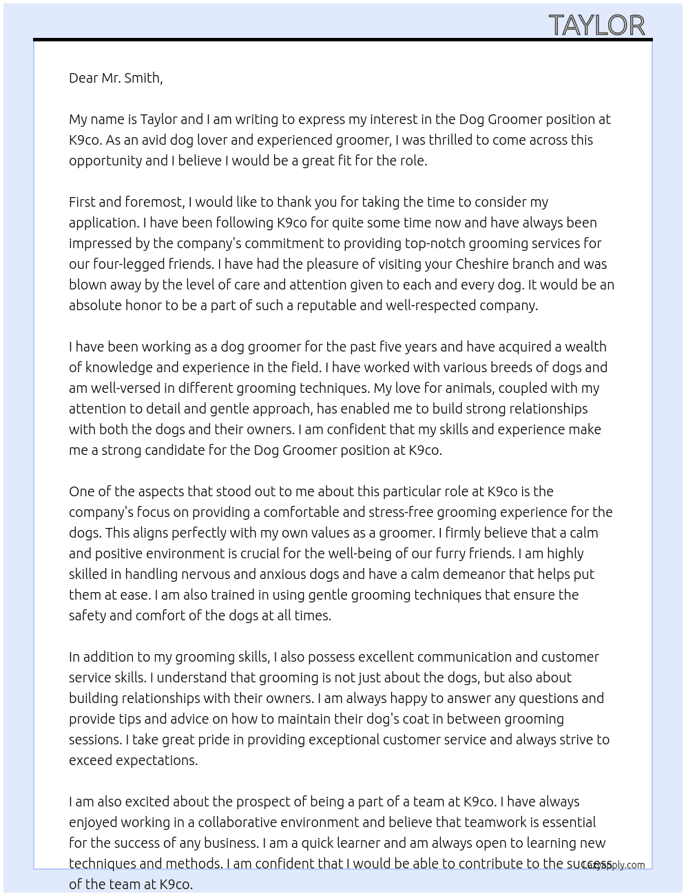 Dog groomer  At K9co Cover Letter