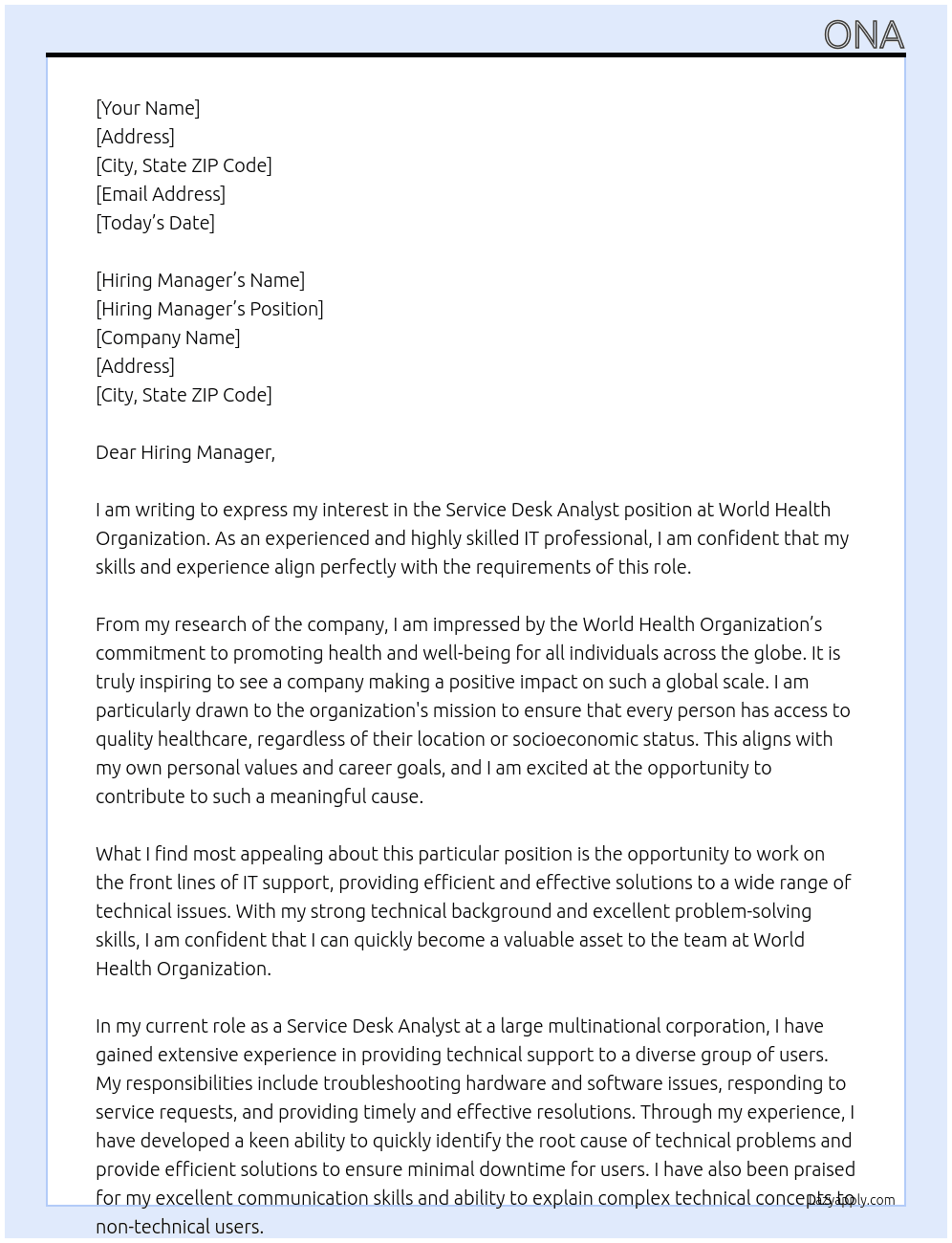 Service Desk Analyst  At World Health Organization Cover Letter