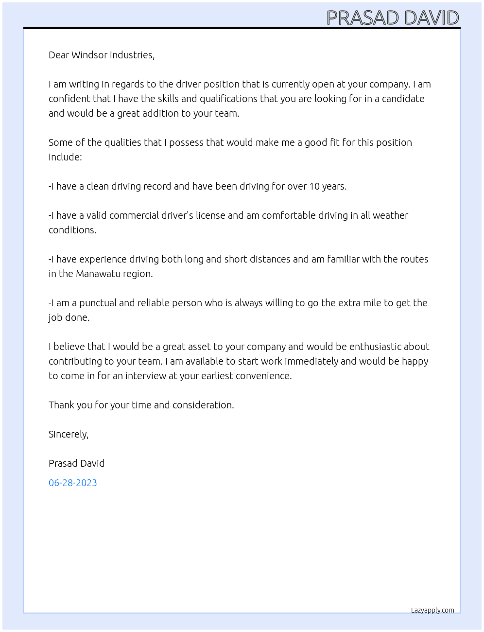 DRIVER At Windsor industries Cover Letter