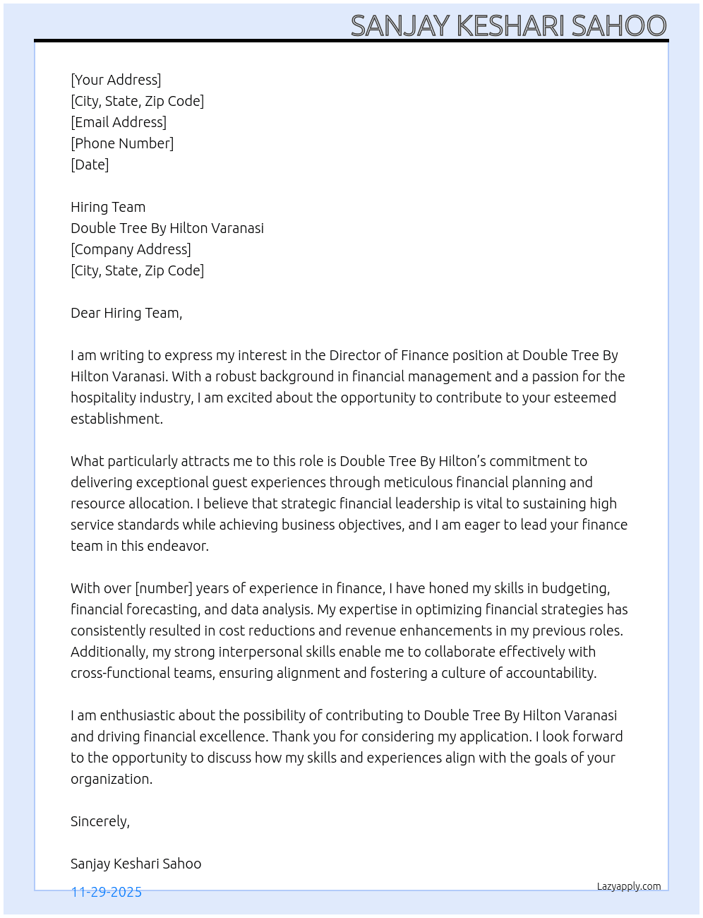 Director Of Finance At Double Tree By Hilton Varanasi Cover Letter