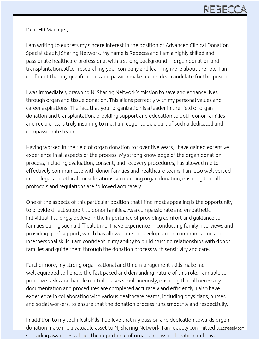 advanced clinical donation specialist At Nj Sharing Network Cover Letter