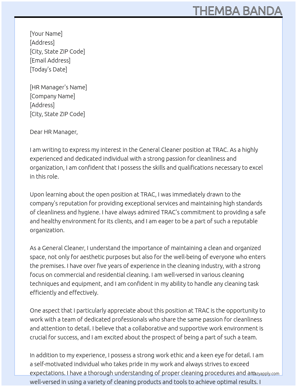 General cleaner  At TRAC  Cover Letter