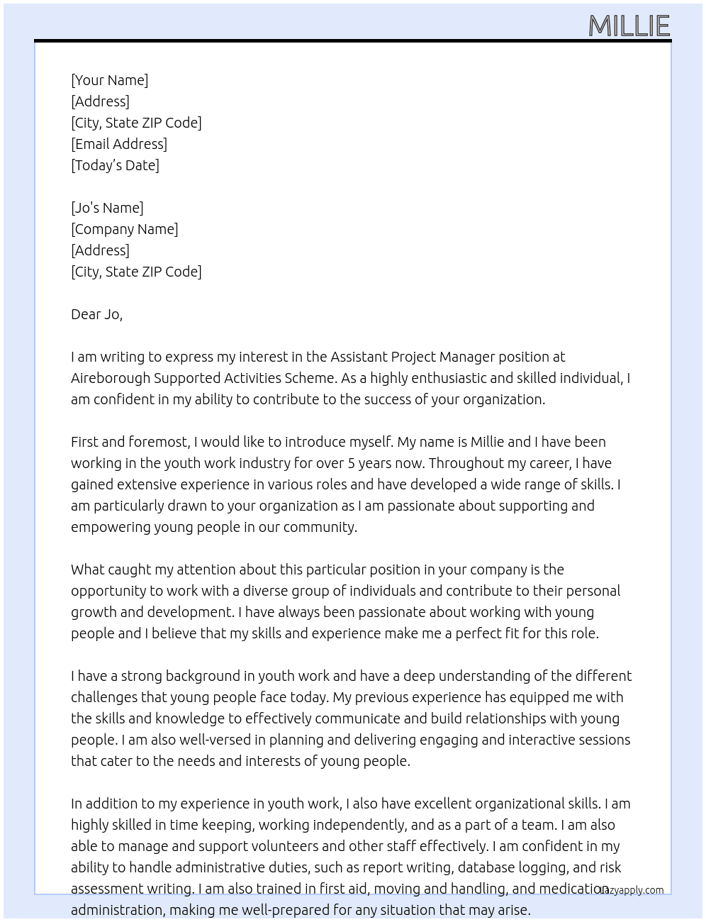 Assistant Project Manager At Aireborough Supported Activities Scheme Cover Letter