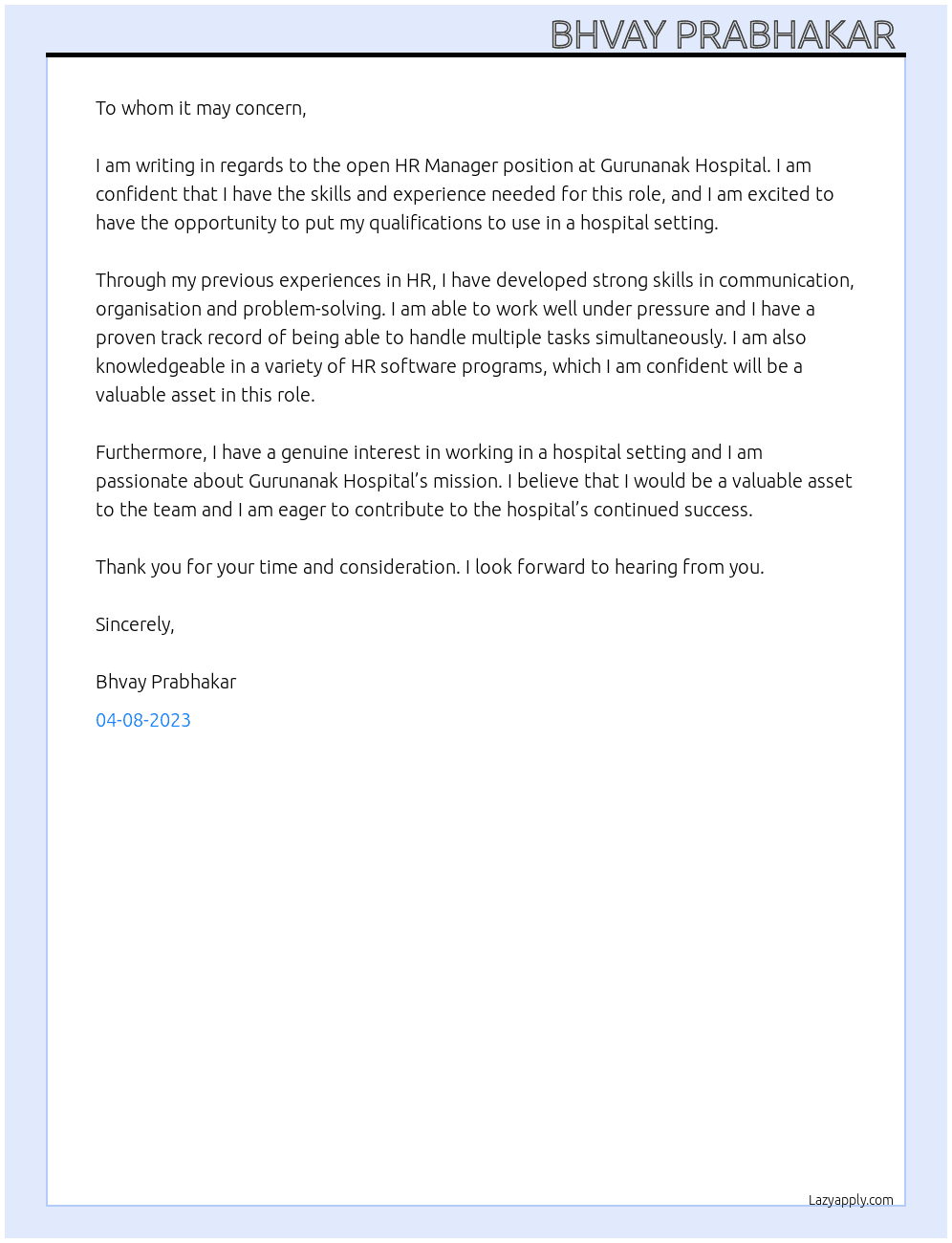 HR MANAGER  At GURUNANAK HOSPITAL Cover Letter