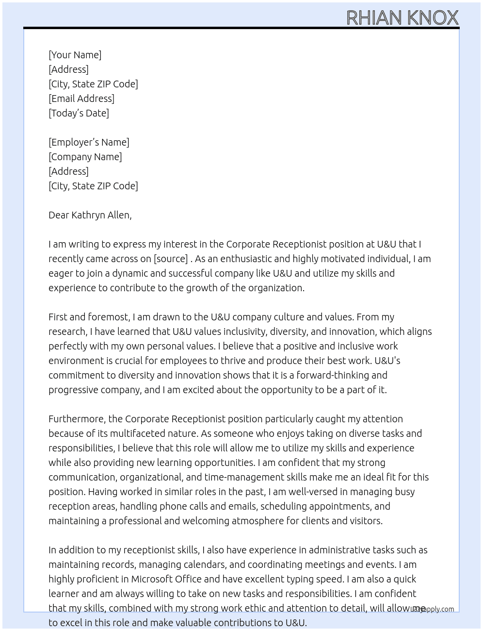 Corporate Receptionist At U&U Cover Letter
