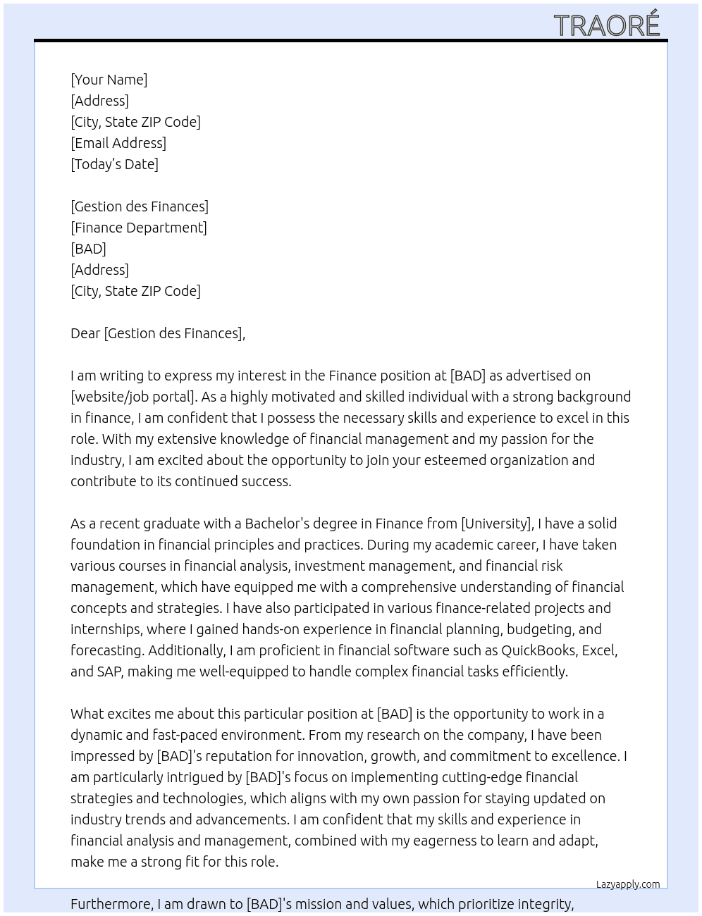 Finance  At BAD Cover Letter