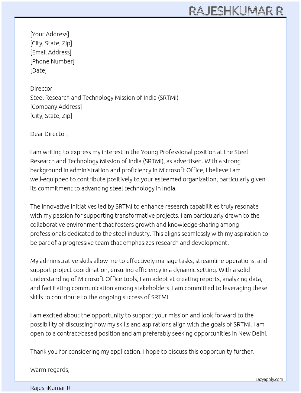 Young Professional  At Steel Research and Technology mission of India (SRTMI) Cover Letter