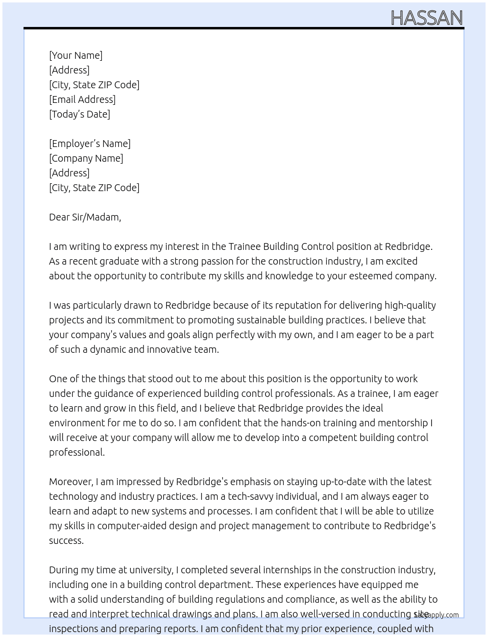 Trainee building control  At Redbridge  Cover Letter