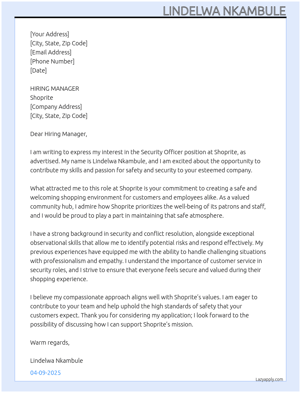 Security Officer At SHOPRITE Cover Letter