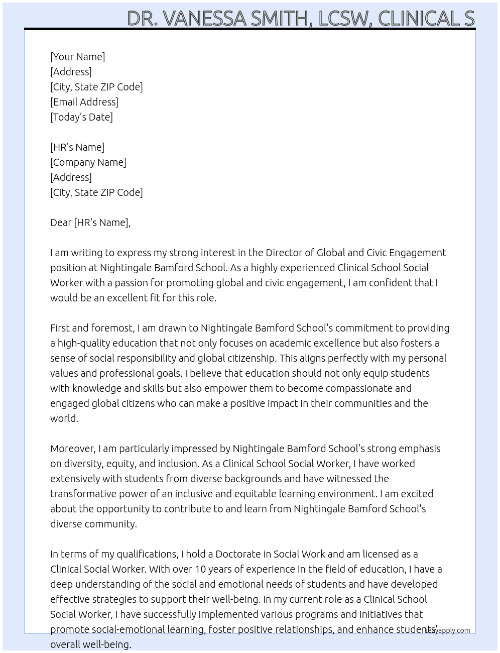 Director of Global and Civic Engagement At Nightingale Bamford school Cover Letter