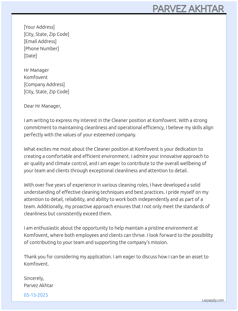 Cleaner  At Komfovent  Cover Letter